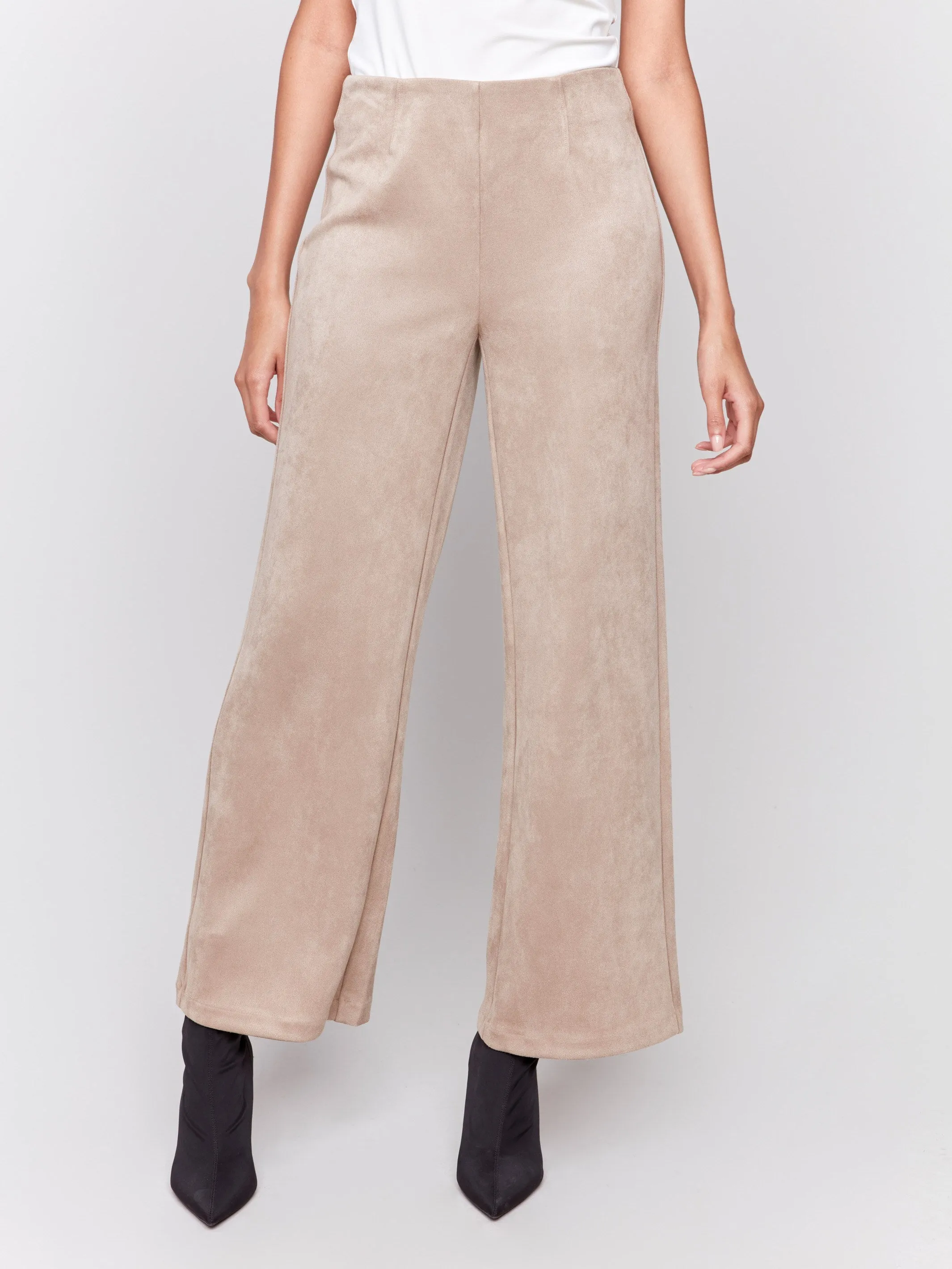 Pull-On Faux Suede Flare Pants - Natural