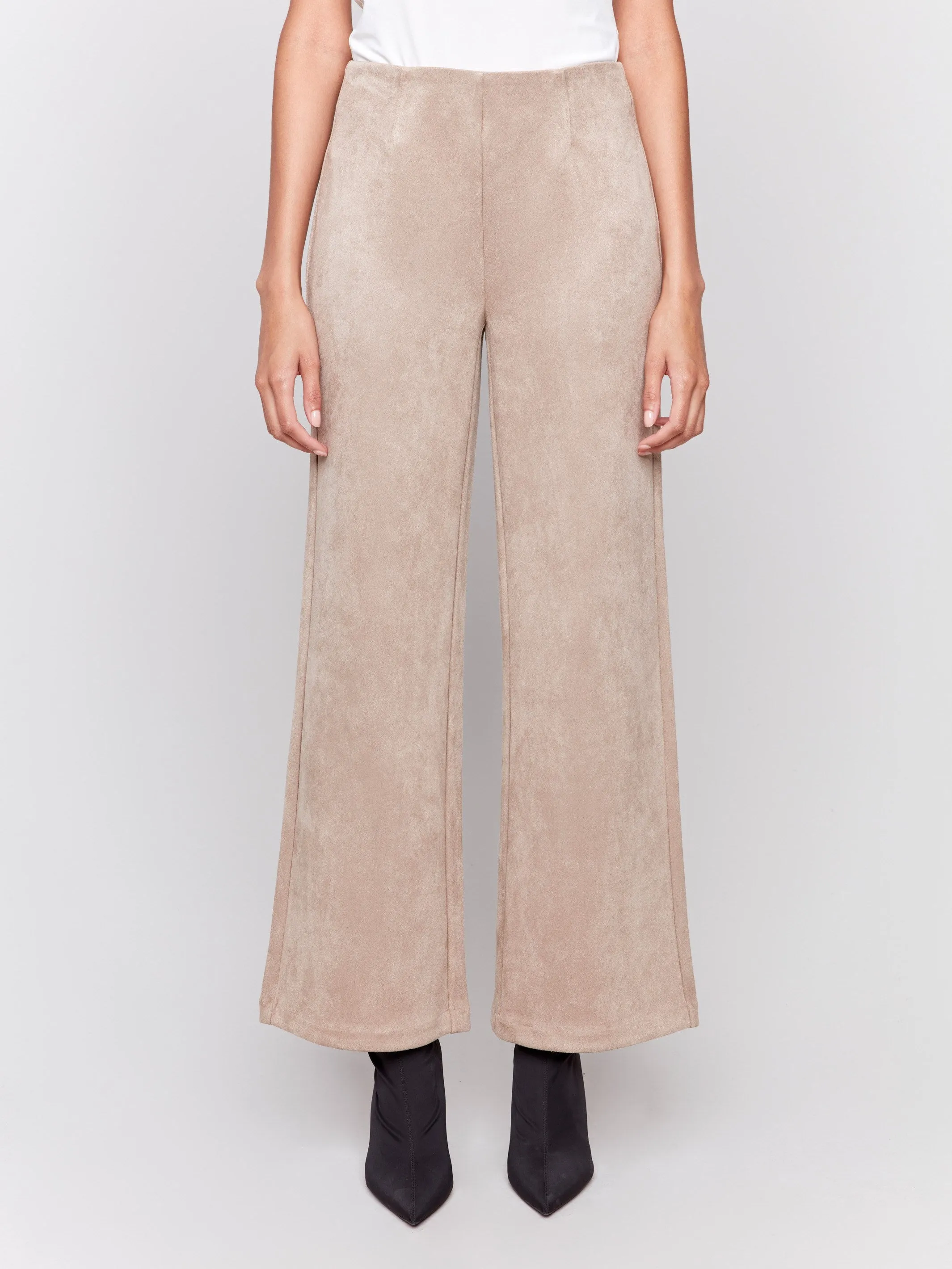 Pull-On Faux Suede Flare Pants - Natural