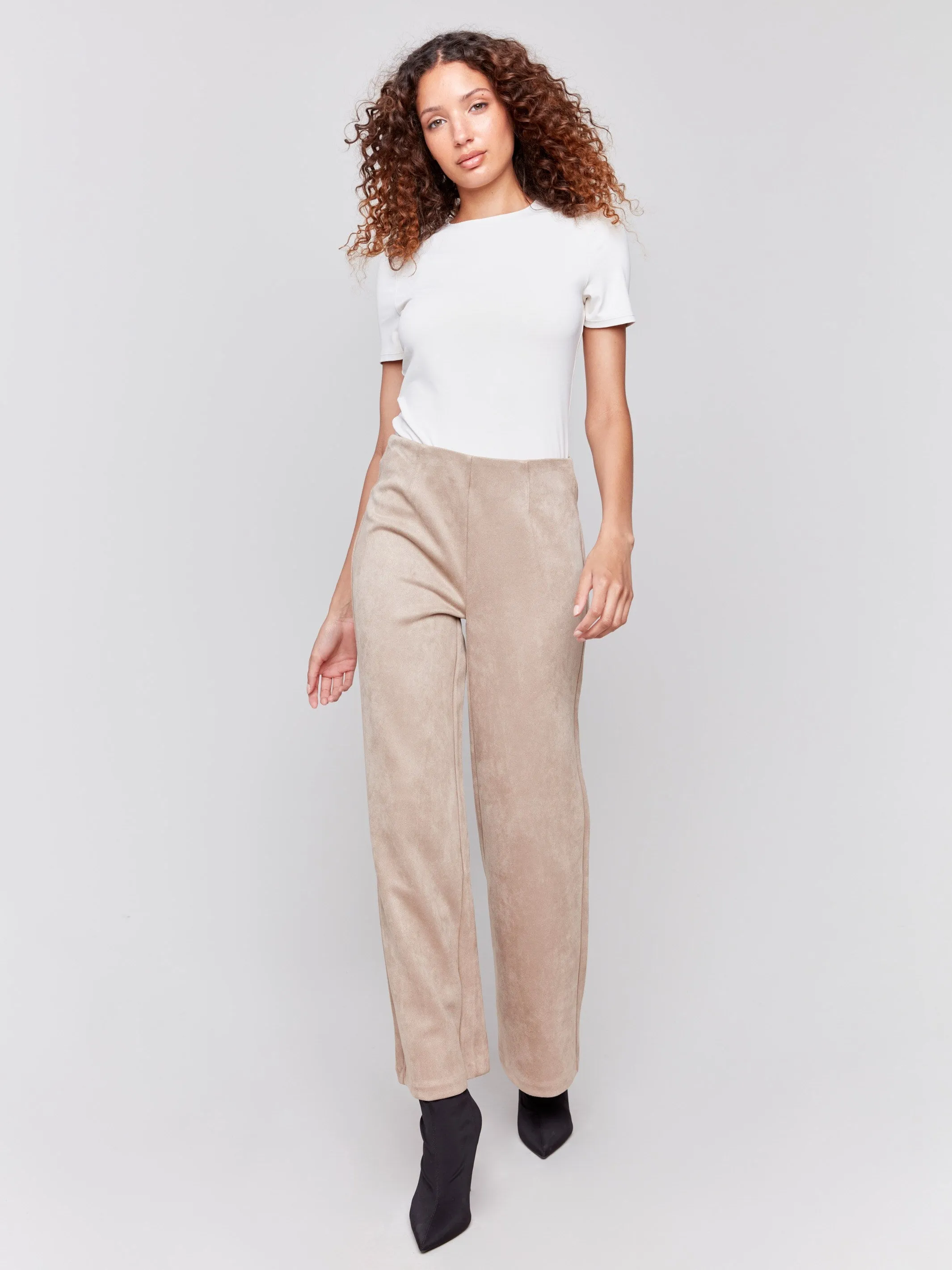 Pull-On Faux Suede Flare Pants - Natural