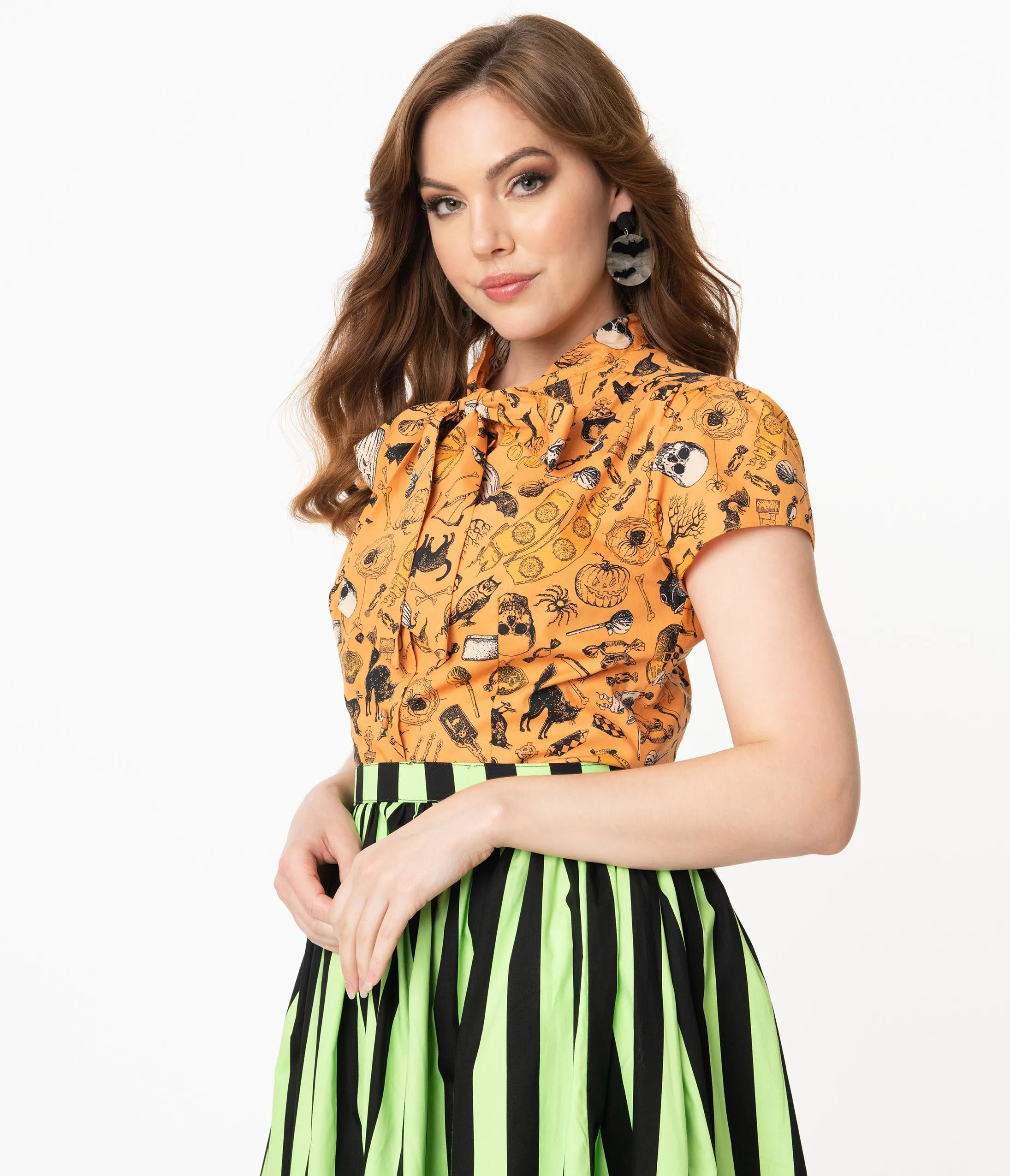 Retro Orange Halloween Print Bow Blouse