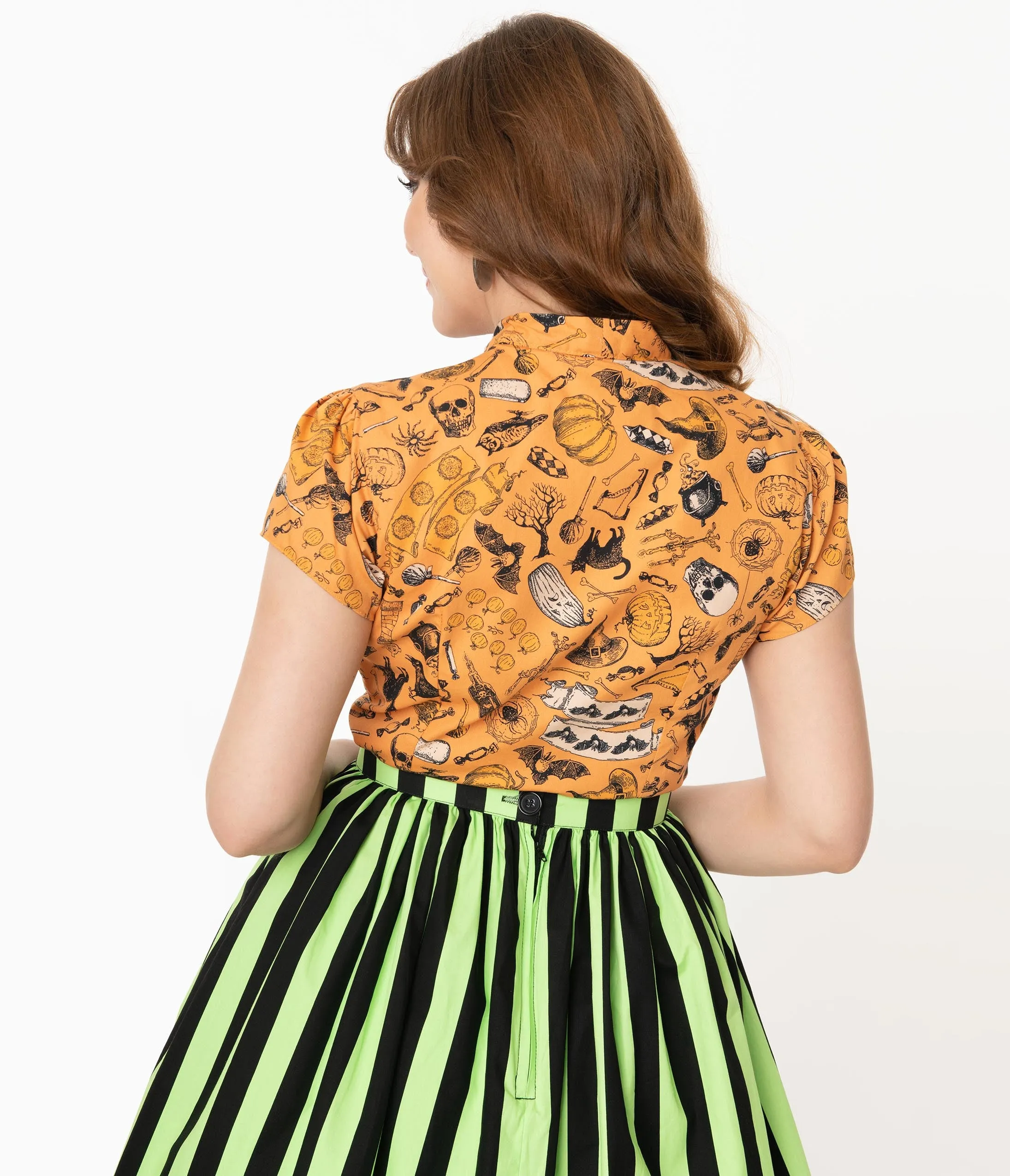 Retro Orange Halloween Print Bow Blouse