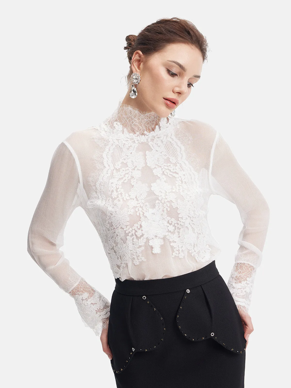 Slim Fit Lace Stand Collar Top