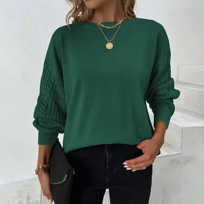 Solid Round Neck Twist Knit Balloon Sleeve Sweater