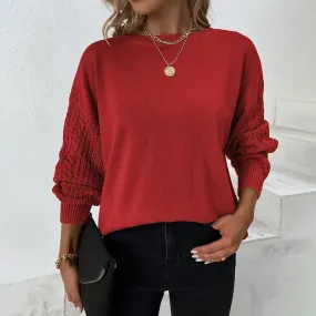 Solid Round Neck Twist Knit Balloon Sleeve Sweater