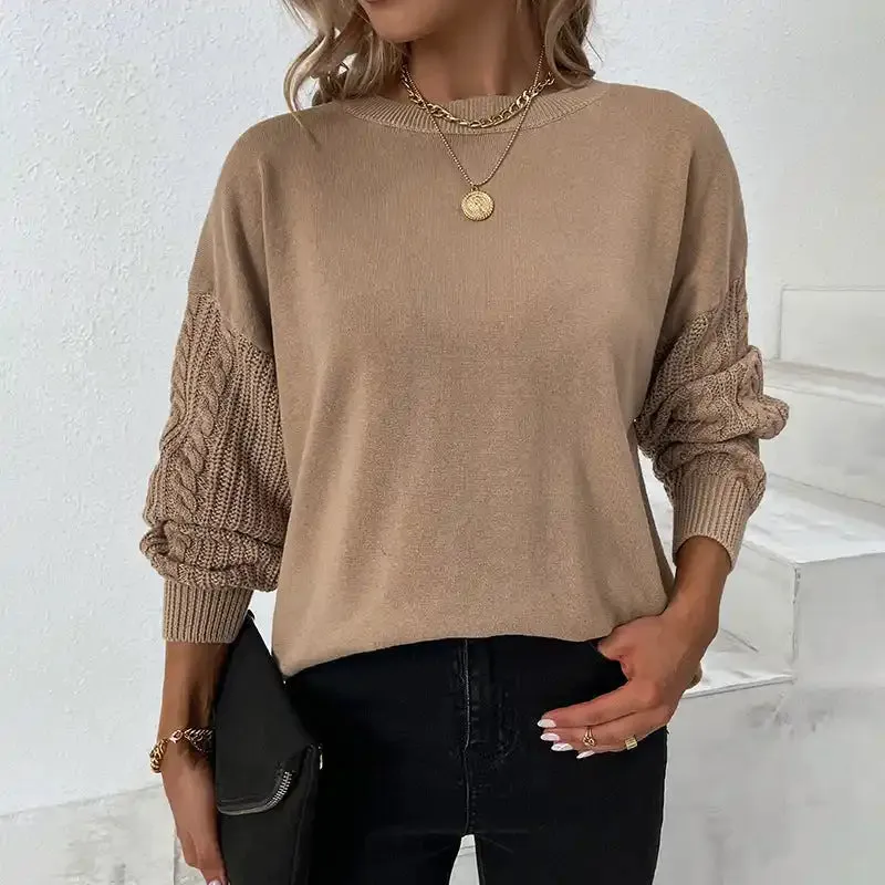 Solid Round Neck Twist Knit Balloon Sleeve Sweater