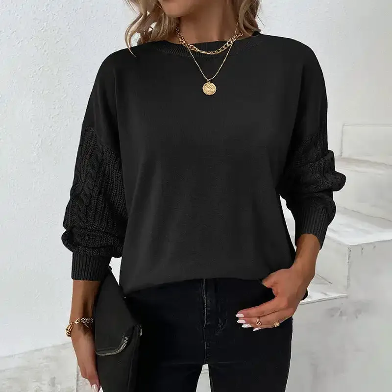 Solid Round Neck Twist Knit Balloon Sleeve Sweater