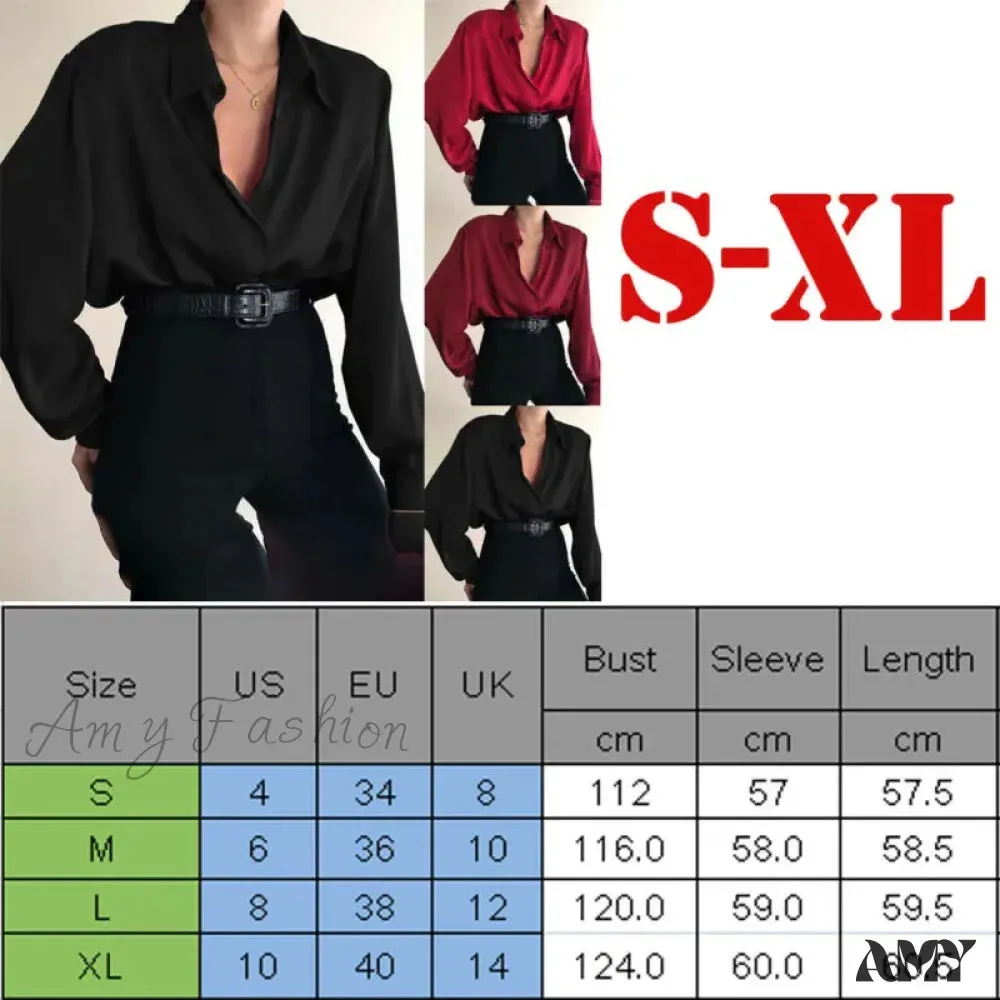 Spring Satin Red Lantern Sleeve V-neck Elegant Blouse