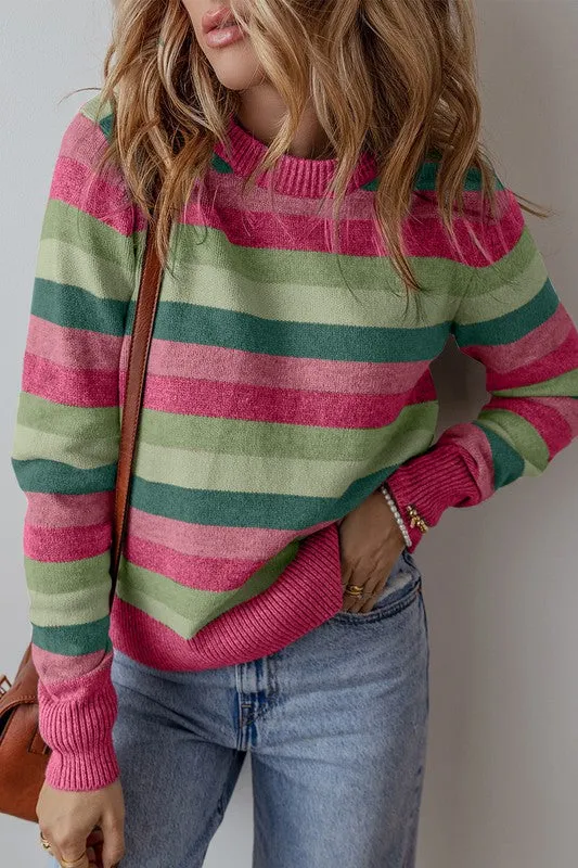 Stephanie Striped Ribbed Edge Round Neck Sweater