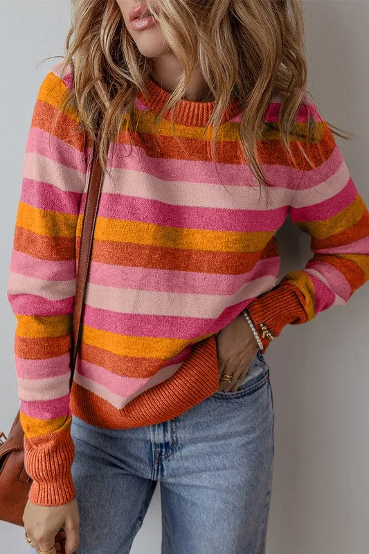 Stephanie Striped Ribbed Edge Round Neck Sweater