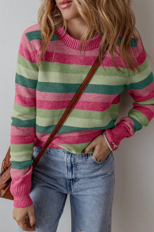 Stephanie Striped Ribbed Edge Round Neck Sweater