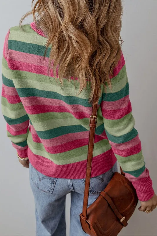 Stephanie Striped Ribbed Edge Round Neck Sweater