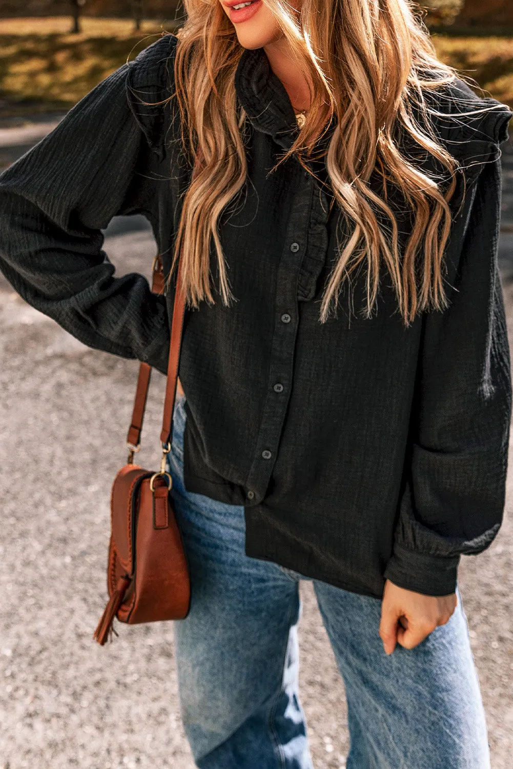 Textured Ruffled Trim Loose Fit Shirt