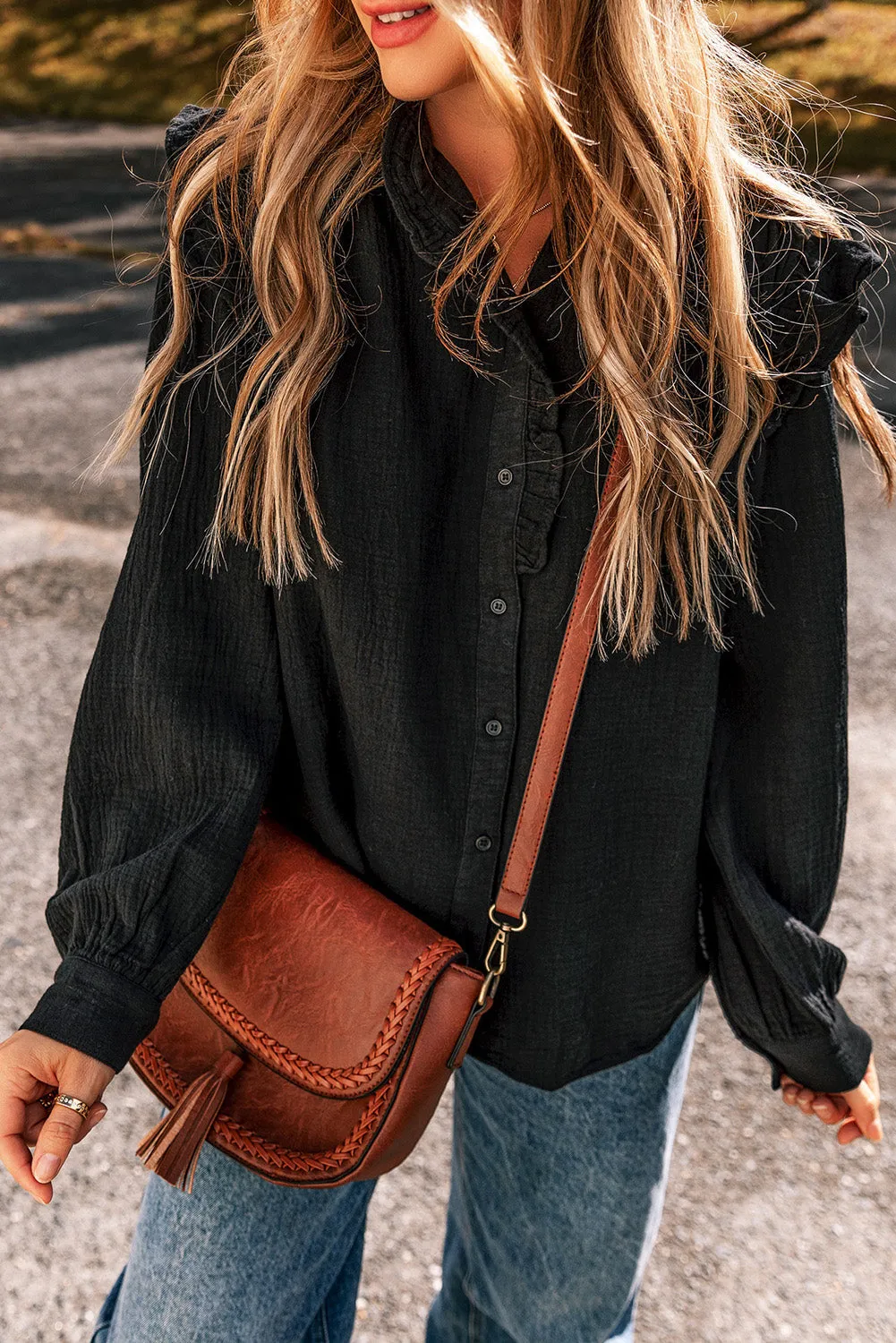 Textured Ruffled Trim Loose Fit Shirt