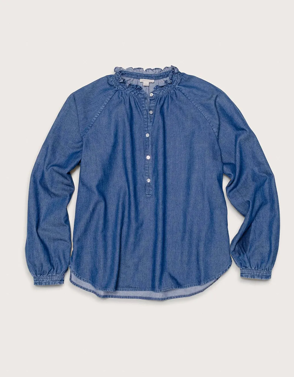 unsubscribed cotton chambray ruffle blouse