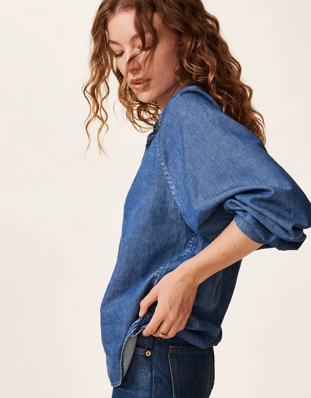 unsubscribed cotton chambray ruffle blouse