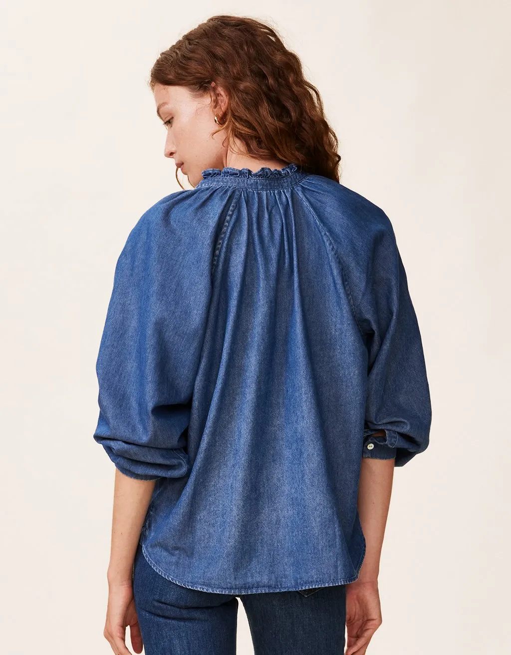 unsubscribed cotton chambray ruffle blouse