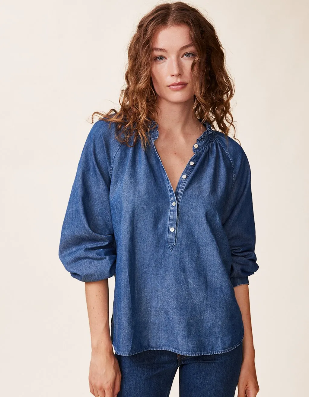 unsubscribed cotton chambray ruffle blouse