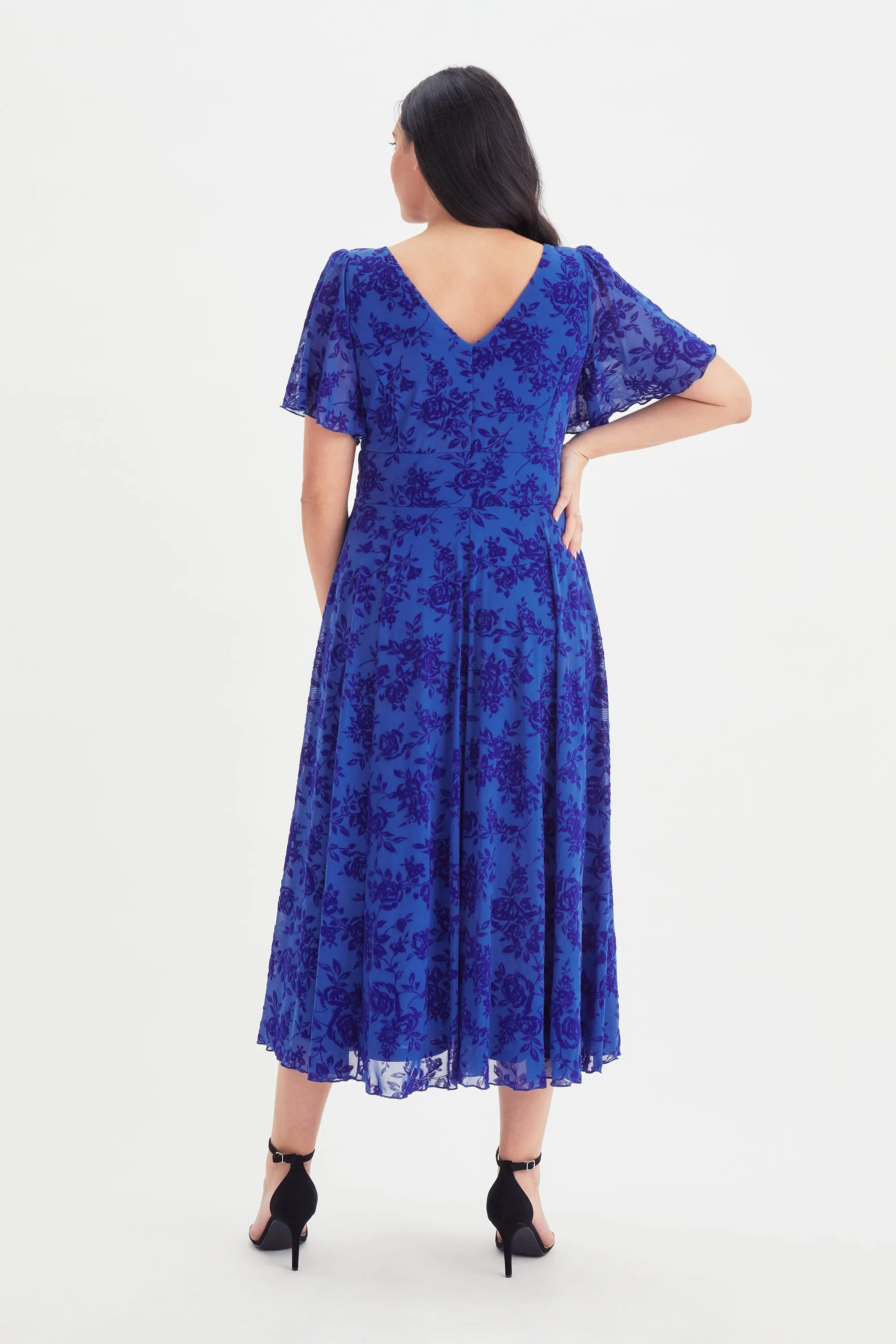 Victoria Blue Velvet Flock Angel Sleeve Mesh Midi Dress