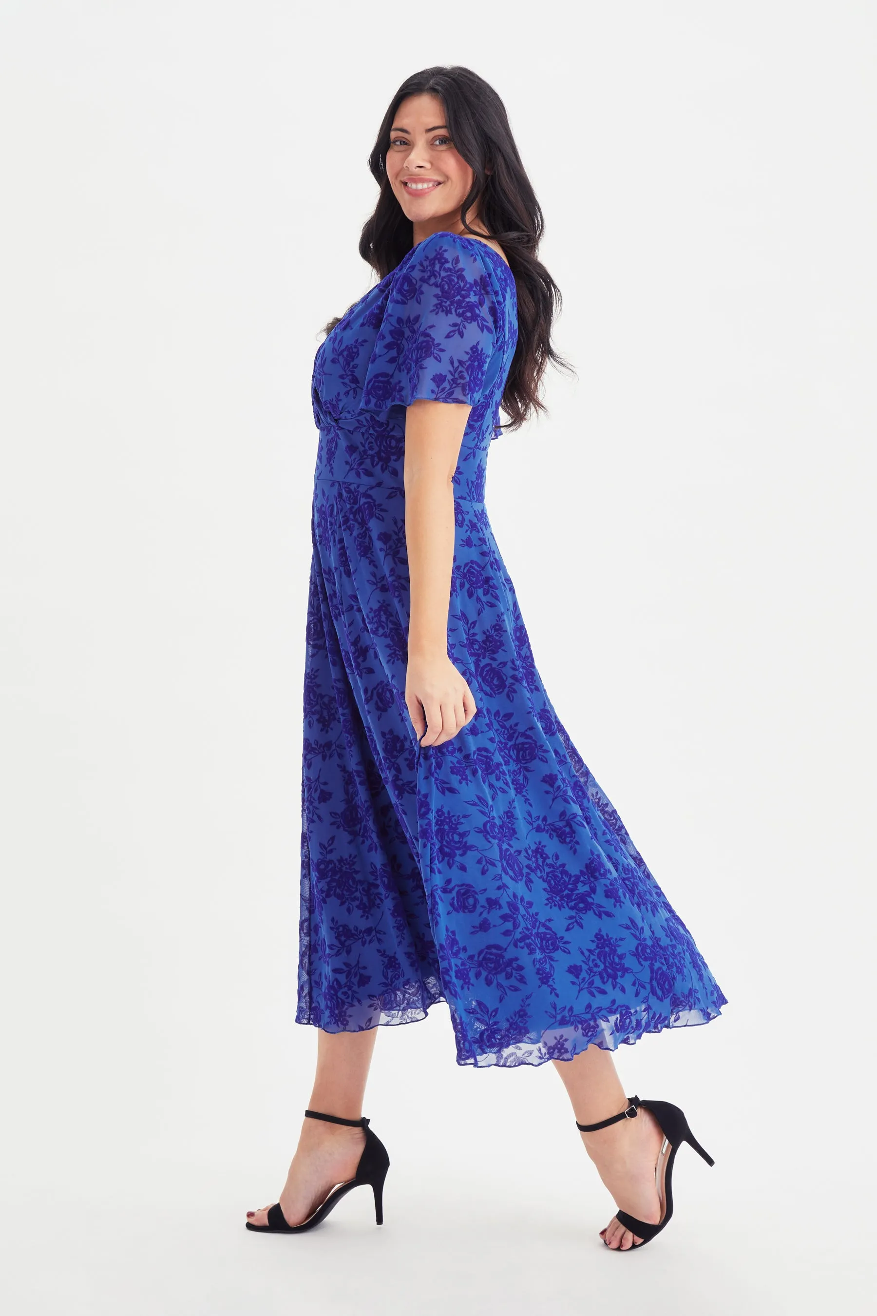 Victoria Blue Velvet Flock Angel Sleeve Mesh Midi Dress