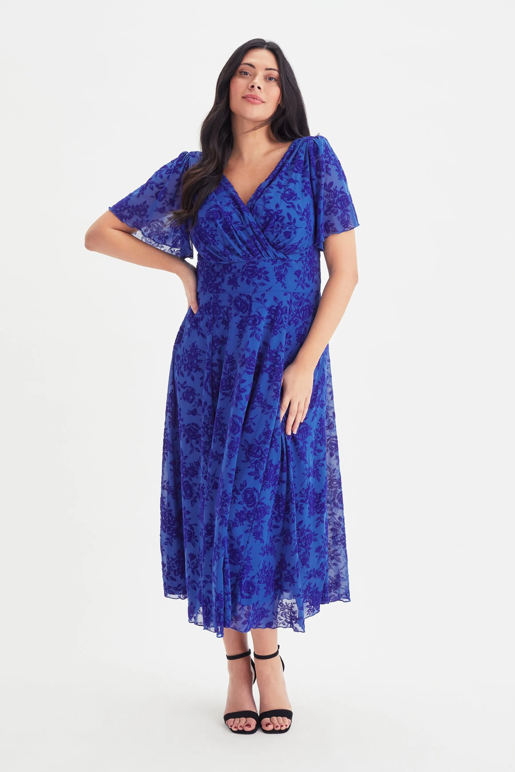 Victoria Blue Velvet Flock Angel Sleeve Mesh Midi Dress