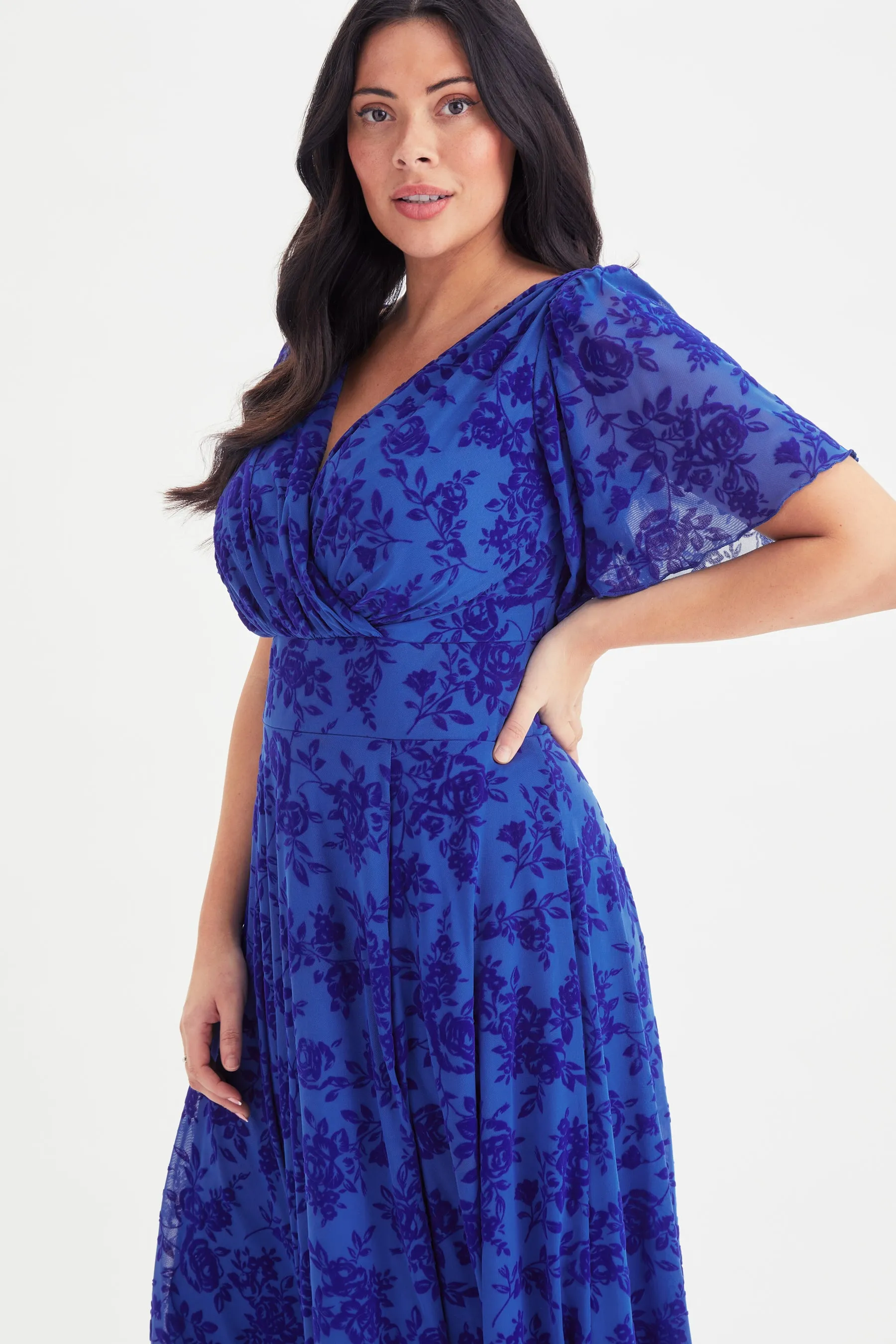 Victoria Blue Velvet Flock Angel Sleeve Mesh Midi Dress