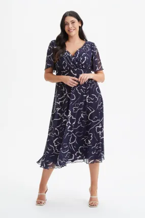 Victoria Navy Ecru Angel Sleeve Mesh Long Midi Dress