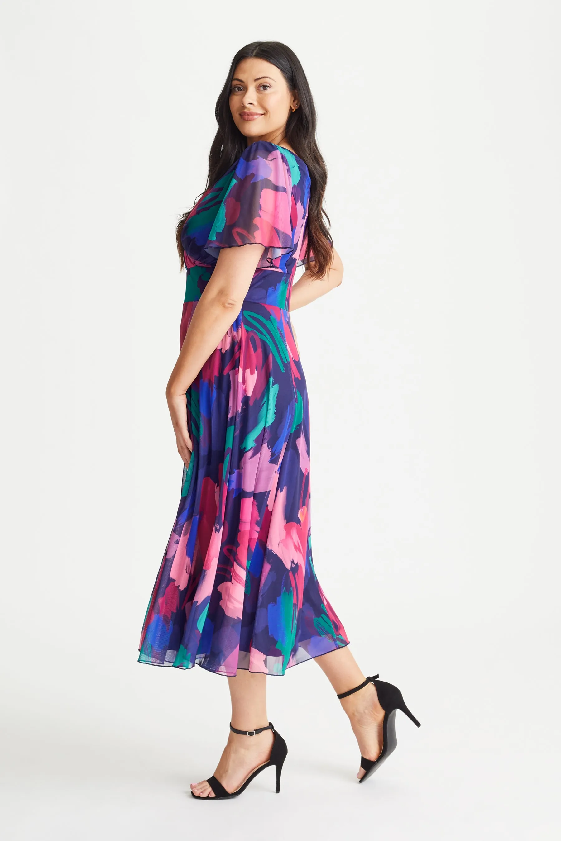 Victoria Navy Magenta Print Angel Sleeve Mesh Long Midi Dress