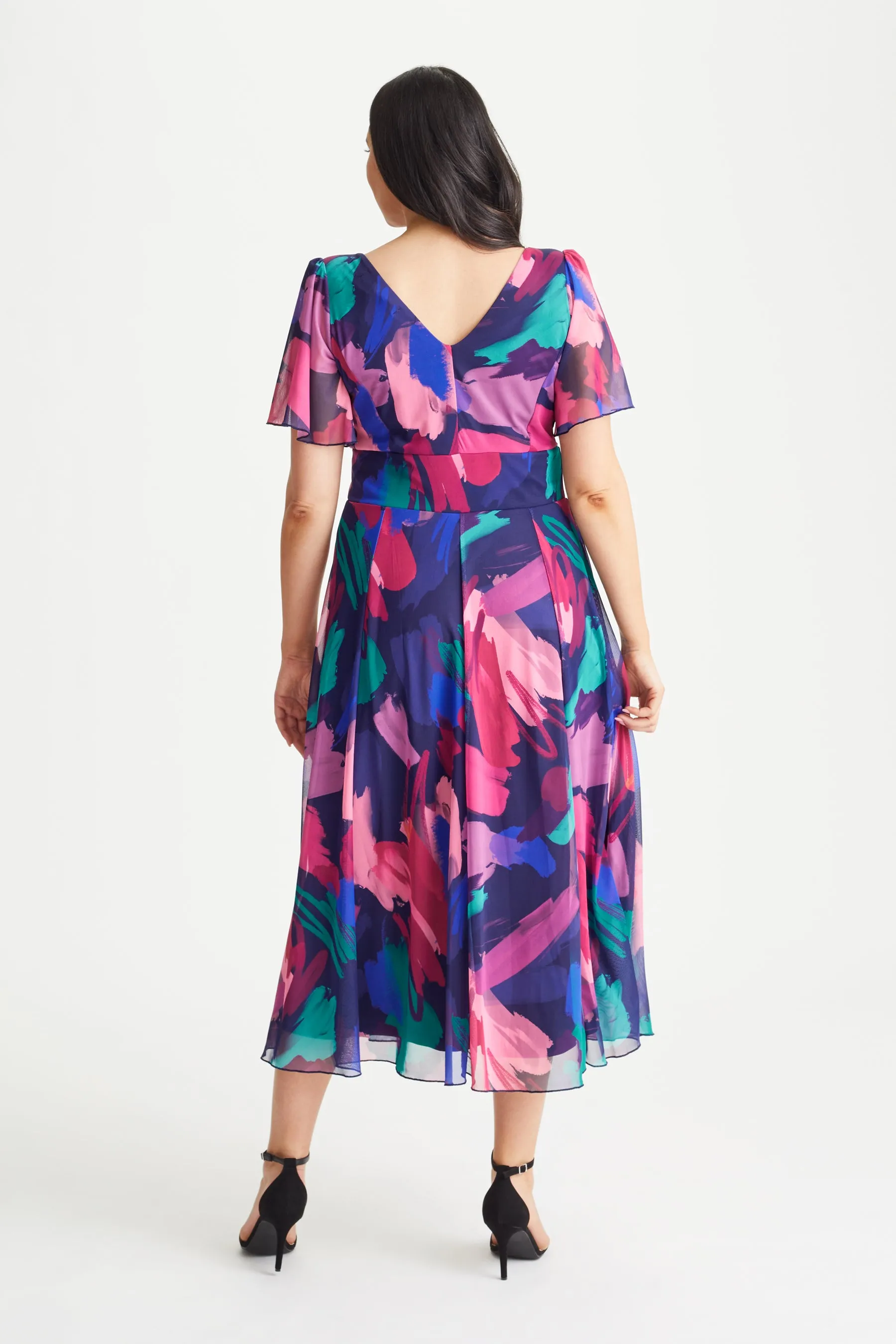 Victoria Navy Magenta Print Angel Sleeve Mesh Long Midi Dress