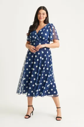 Victoria Navy Spot Angel Sleeve Mesh Long Midi Dress