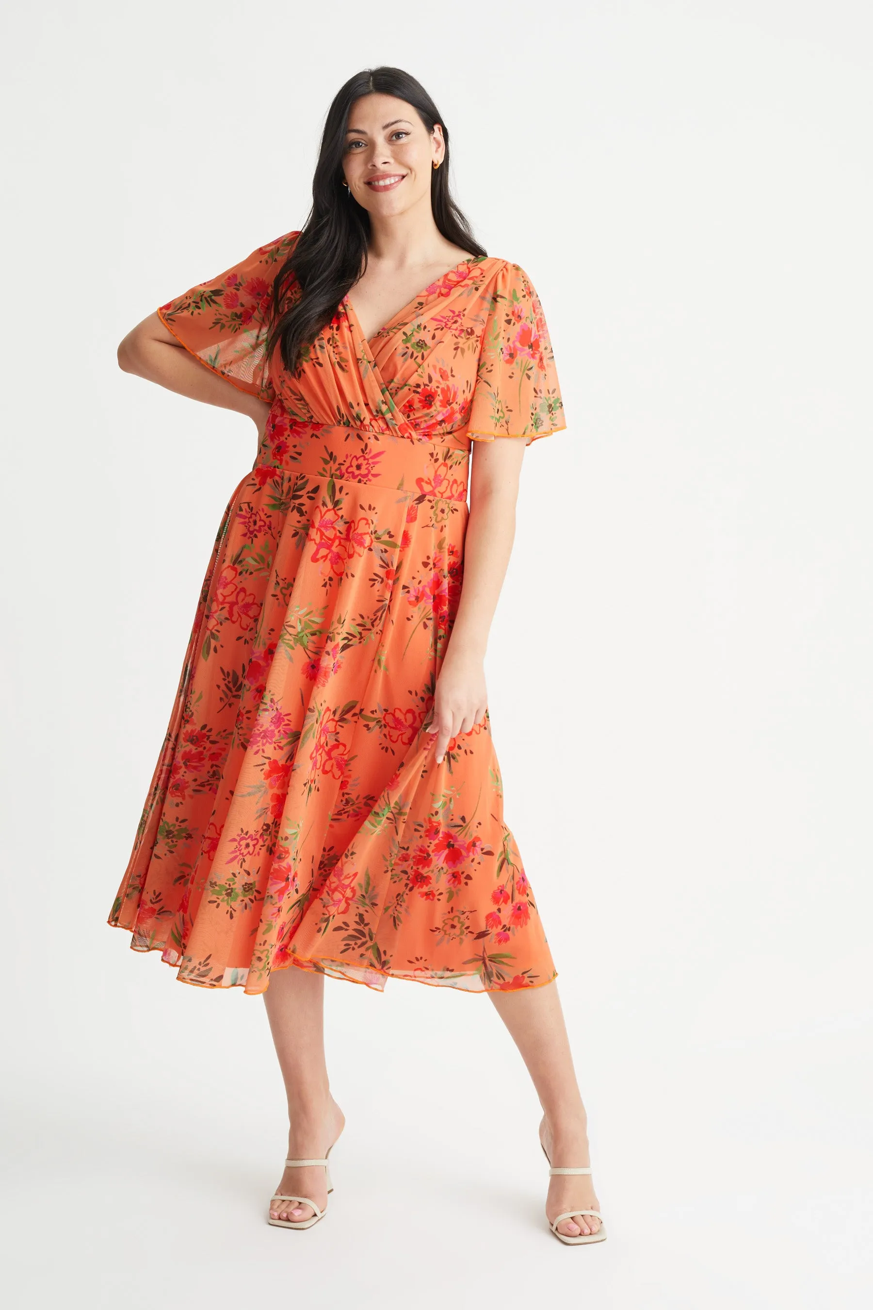 Victoria Orange Floral Angel Sleeve Mesh Midi Dress