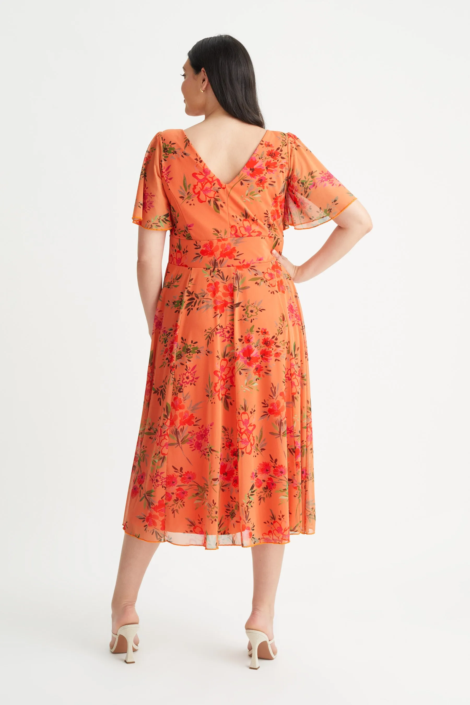 Victoria Orange Floral Angel Sleeve Mesh Midi Dress