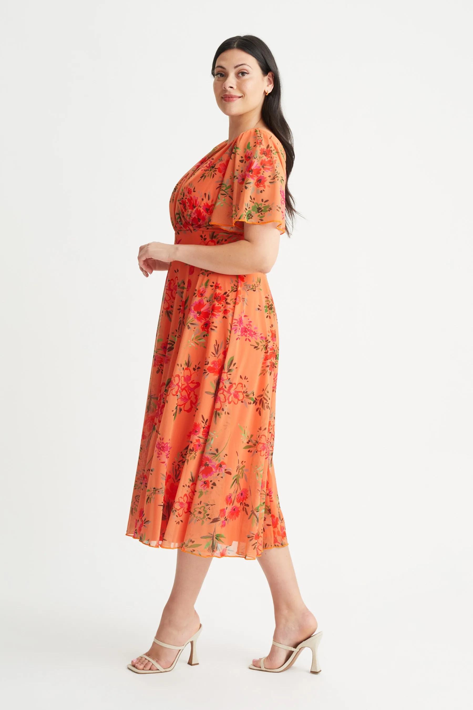 Victoria Orange Floral Angel Sleeve Mesh Midi Dress