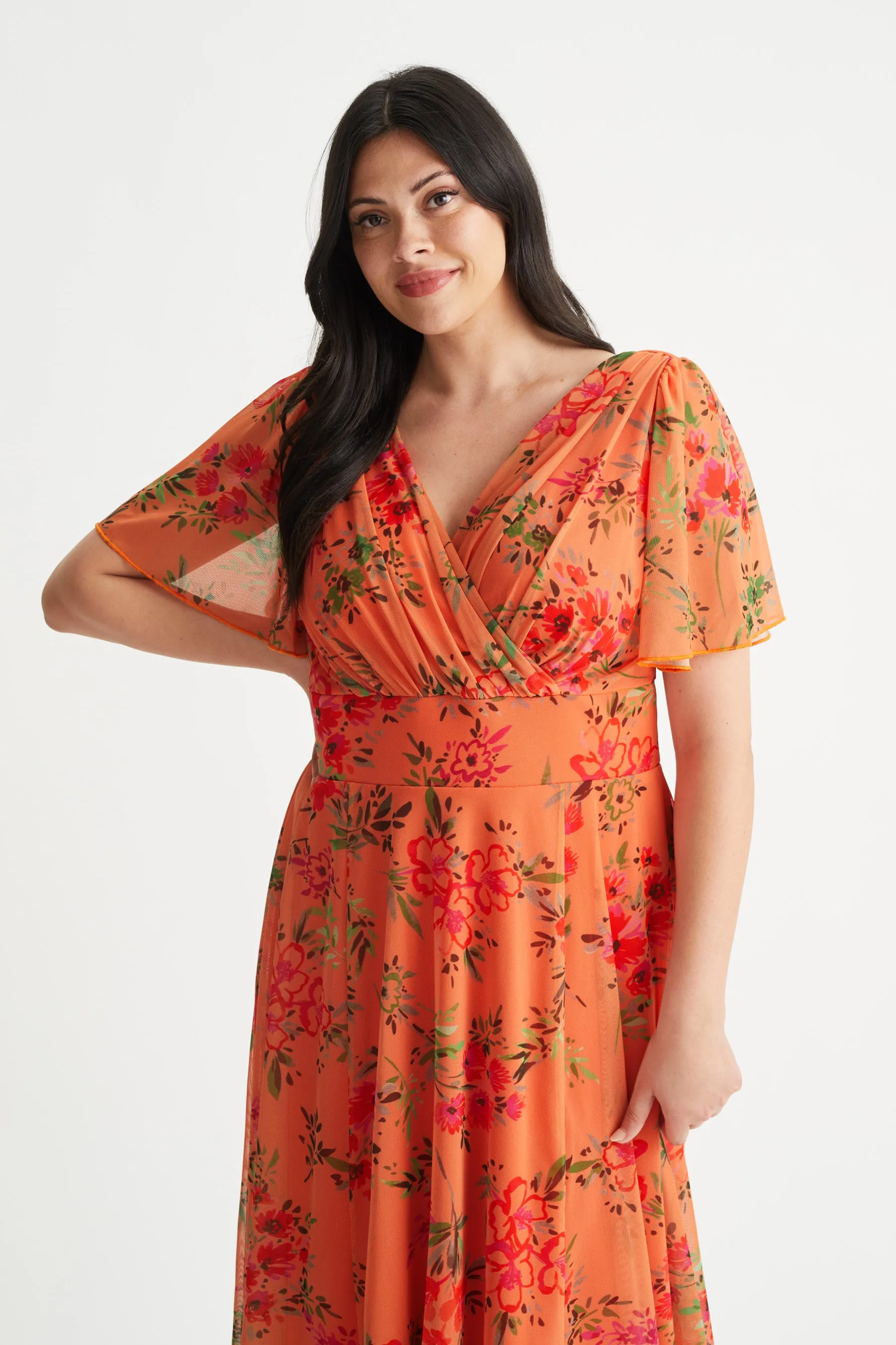 Victoria Orange Floral Angel Sleeve Mesh Midi Dress