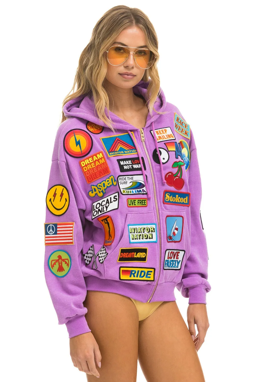 VINTAGE PATCH ZIP HOODIE RELAXED - NEON PURPLE