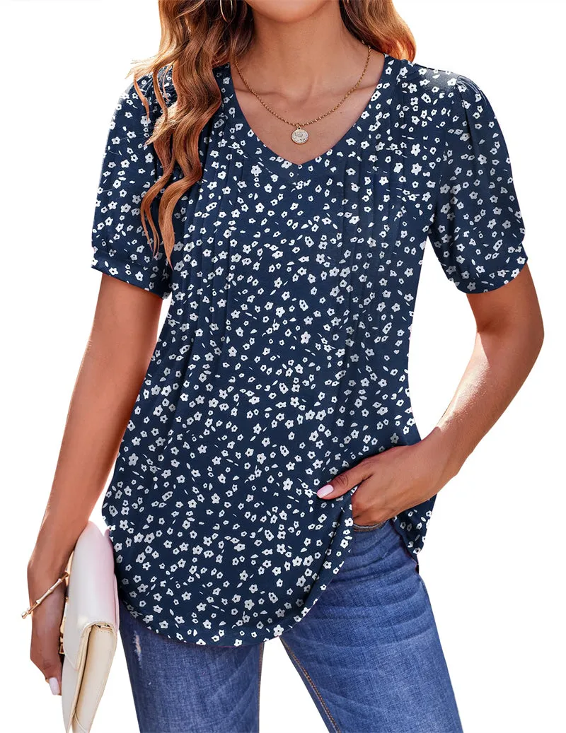 Zeagoo Puff Short Sleeve Boho V Neck Floral Blouse