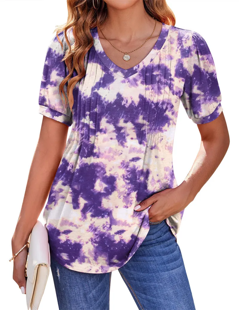 Zeagoo Puff Short Sleeve Boho V Neck Floral Blouse