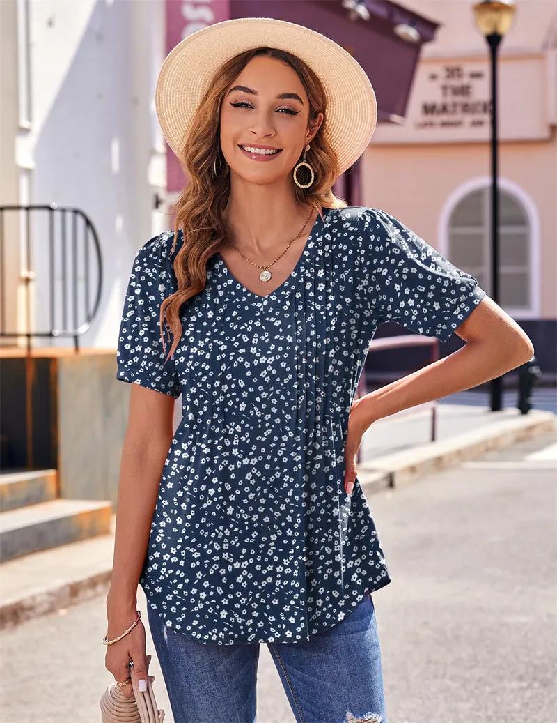 Zeagoo Puff Short Sleeve Boho V Neck Floral Blouse