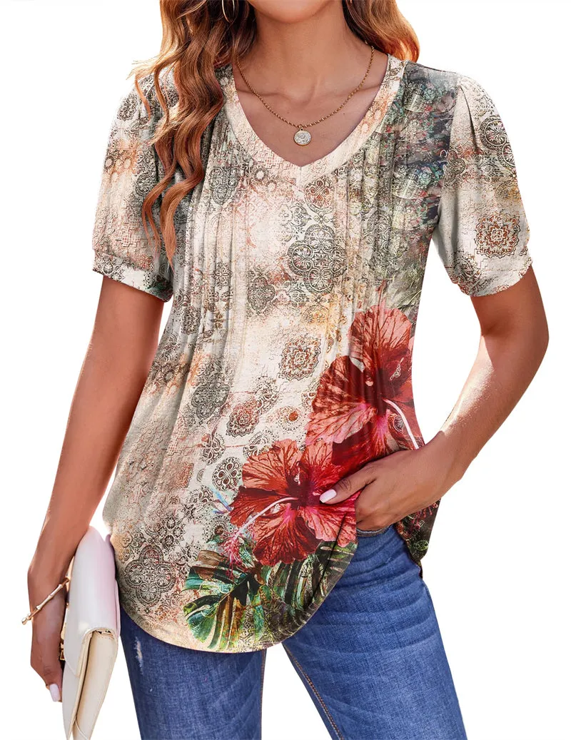 Zeagoo Puff Short Sleeve Boho V Neck Floral Blouse