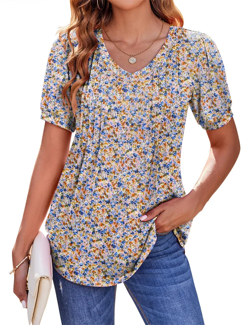 Zeagoo Puff Short Sleeve Boho V Neck Floral Blouse